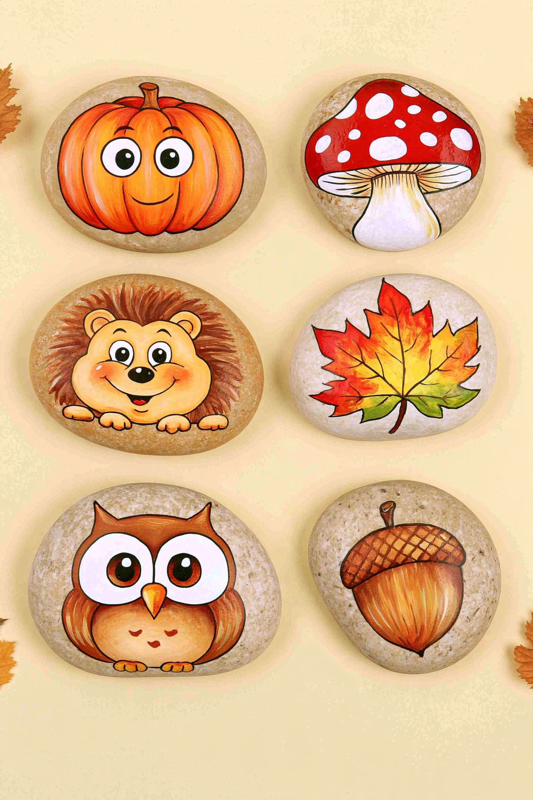 Sechs bemalte Steine mit Kürbis, Pilz, Igel, Herbstblatt, Eule und Eichel